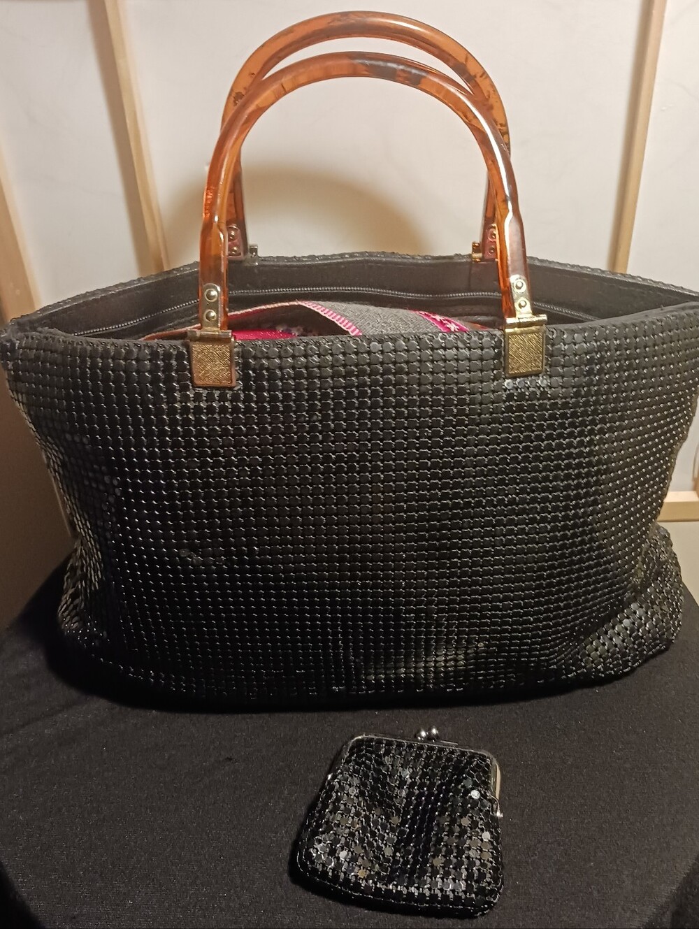 Black Metal Mesh Tote Bag with Amber Color Lucite Handles 1970-80's Vintage
